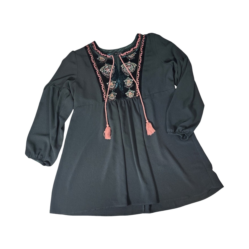 Signature Studio Forest Green Velvet Embroidered Boho Tunic Top XL Tassels